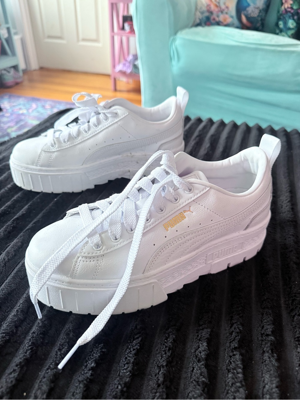 PUMA White Leather Platform Sneakers with Gold Accents - Picture 2 of 5